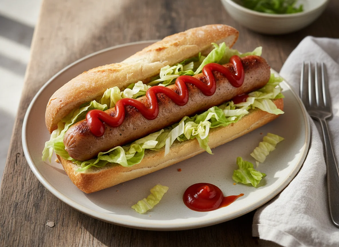 Sausage sandwich with lettuce and ketchup photo