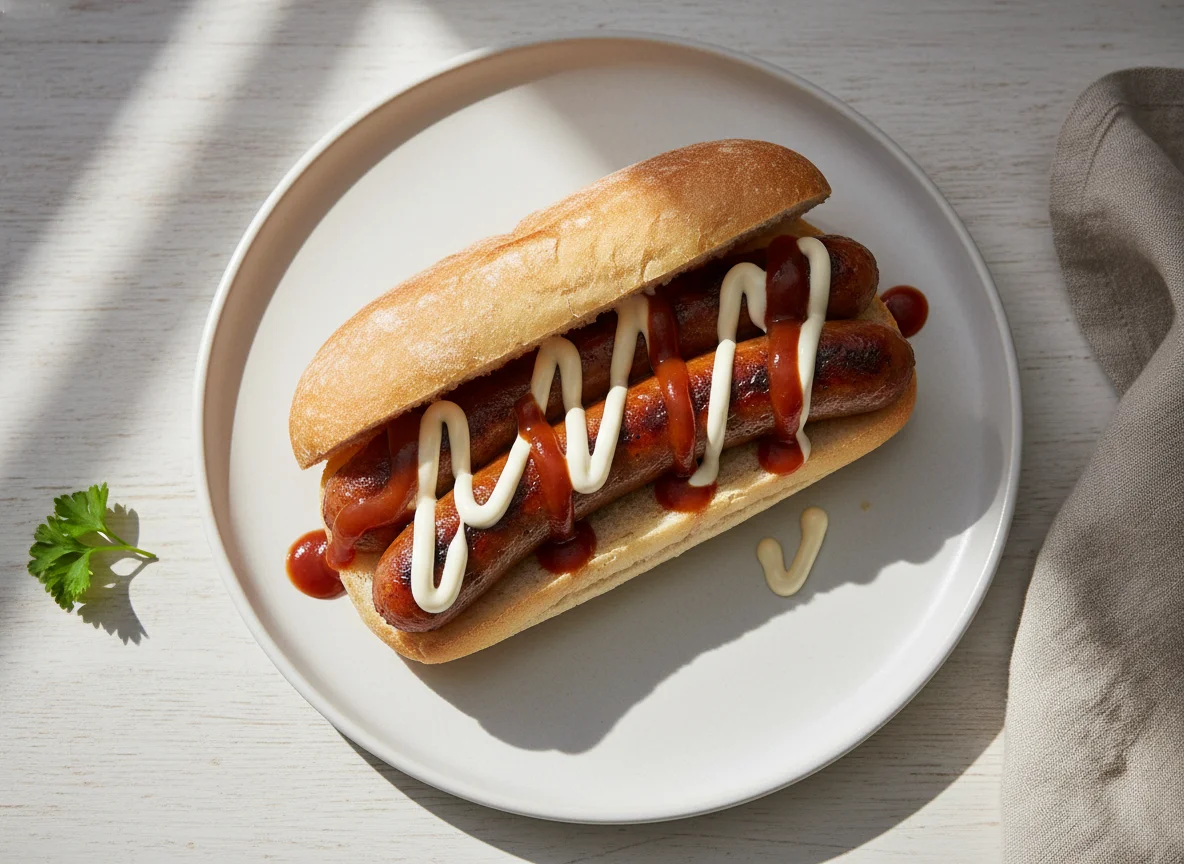 Sausage sandwich with mayonnaise and brown sauce photo