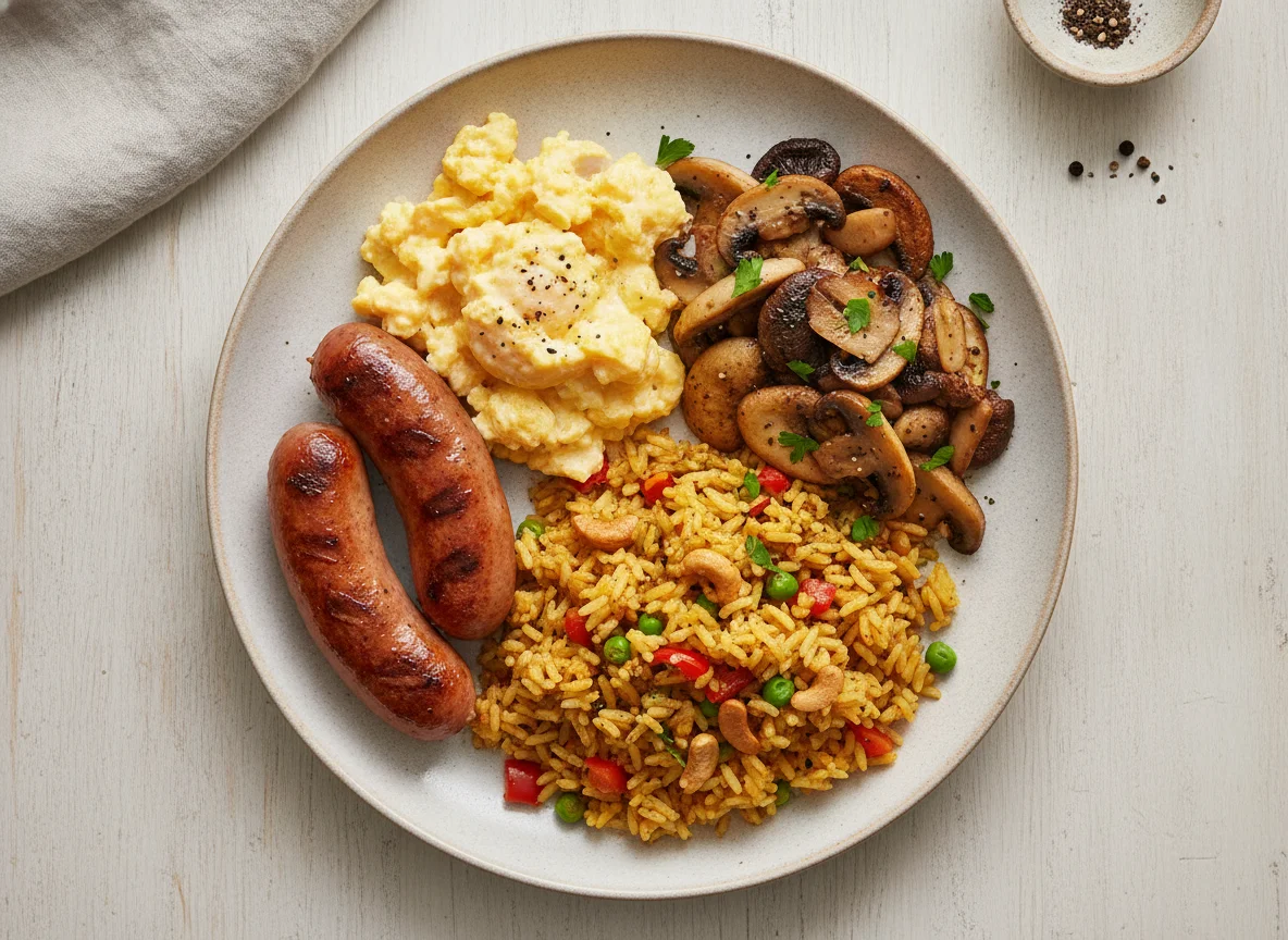 Sausage, Scrambled Eggs, Mushrooms and Savoury Rice photo