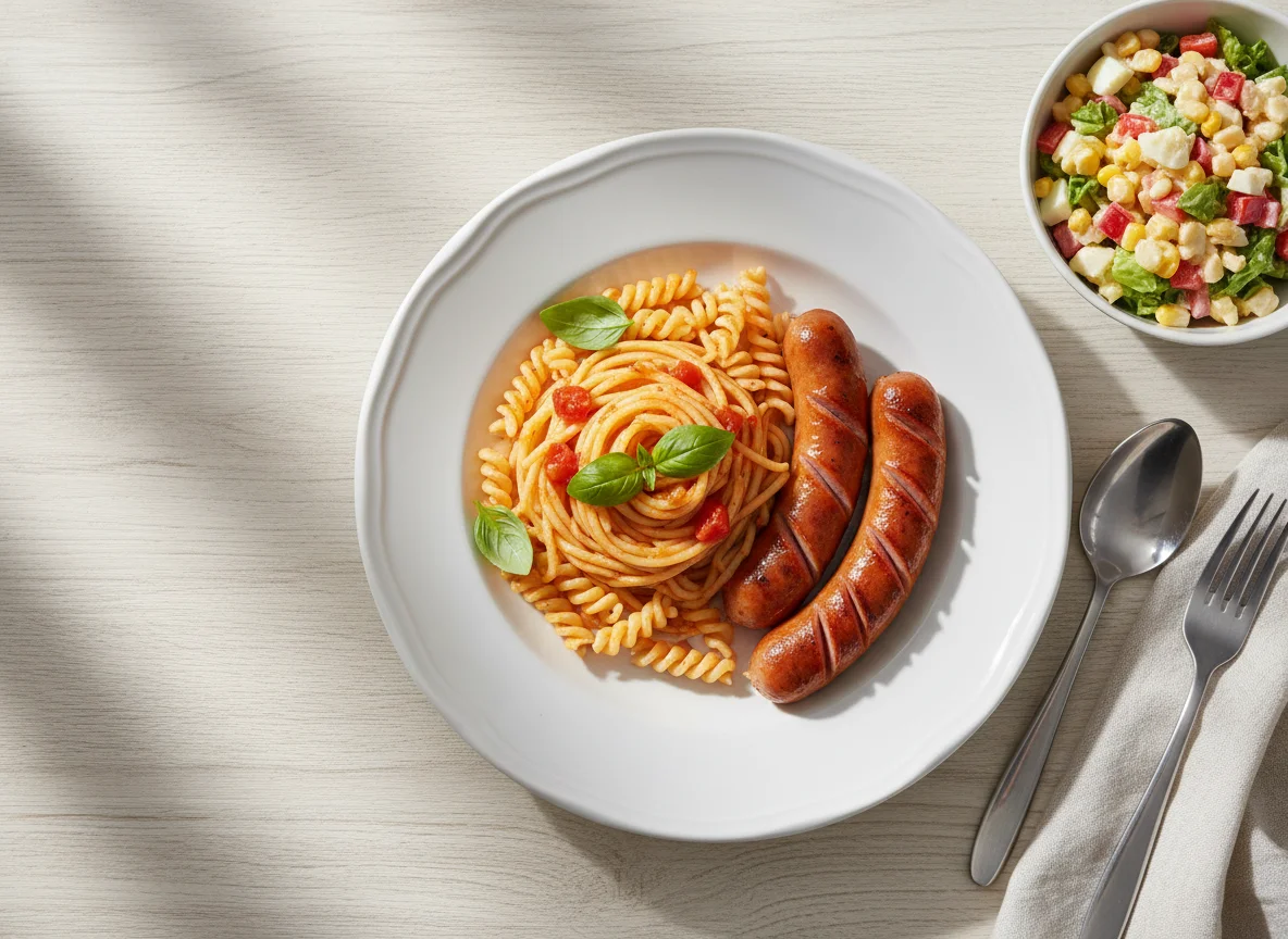 Sausage, Spaghetti and Mixed Salad photo