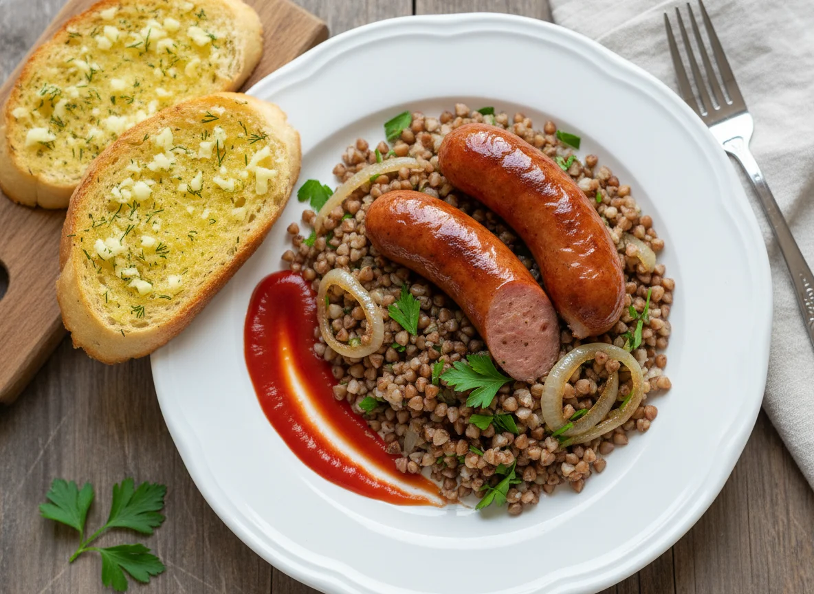 Sausage with Buckwheat and Garlic Bread photo