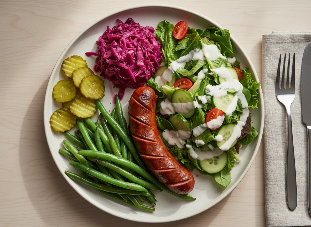 Sausage with Green Beans, Pickles, Red Cabbage, and Salad photo