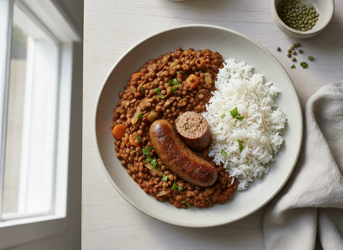 Sausage with Lentil Stew and Rice photo