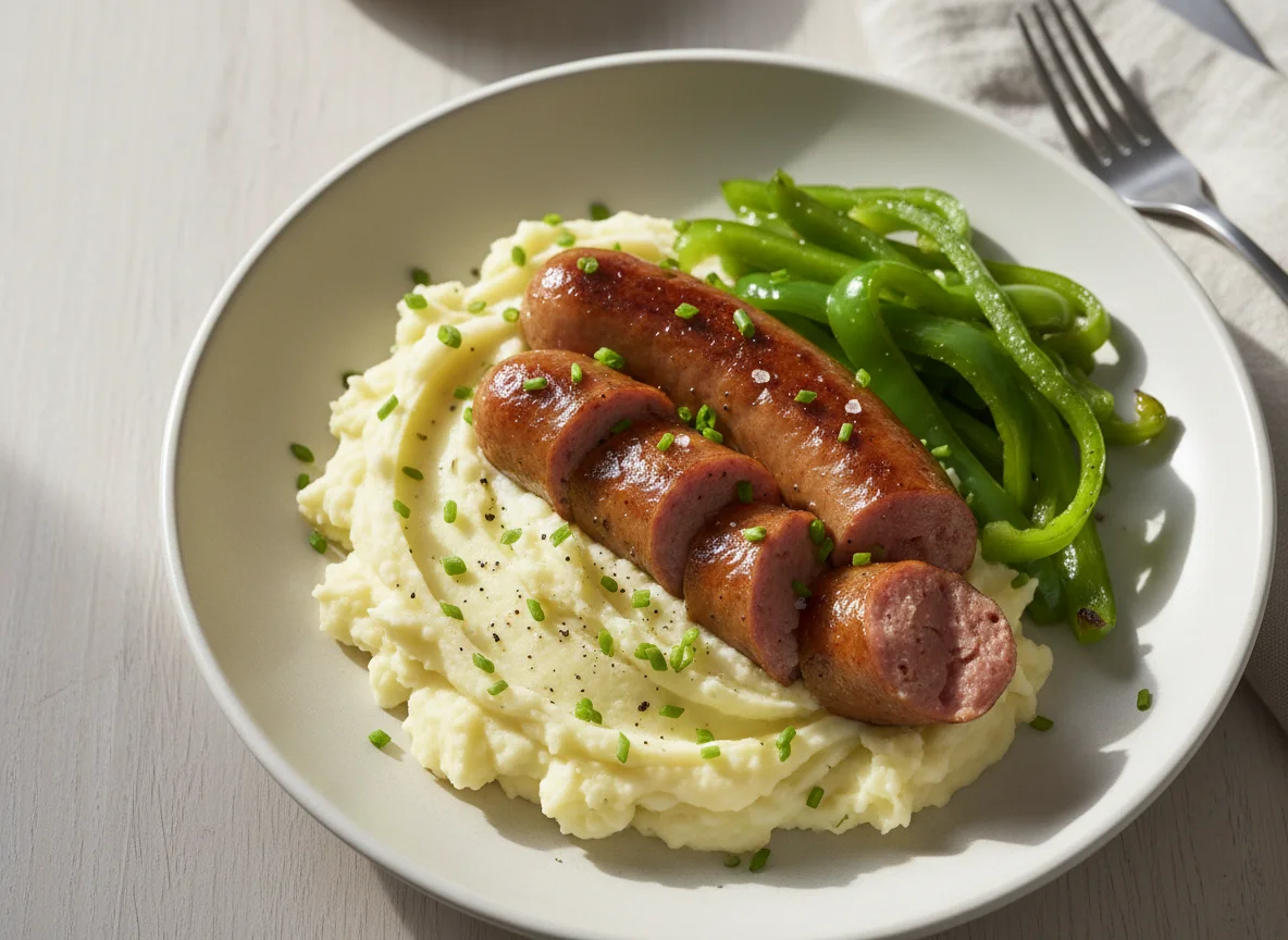 Sausage with Mashed Potatoes and Bell Pepper photo