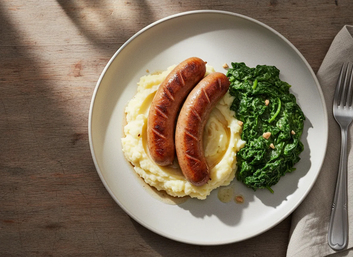 Sausage with mashed potatoes and creamed spinach photo
