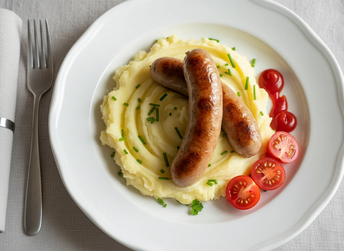 Sausage with mashed potatoes and tomato photo