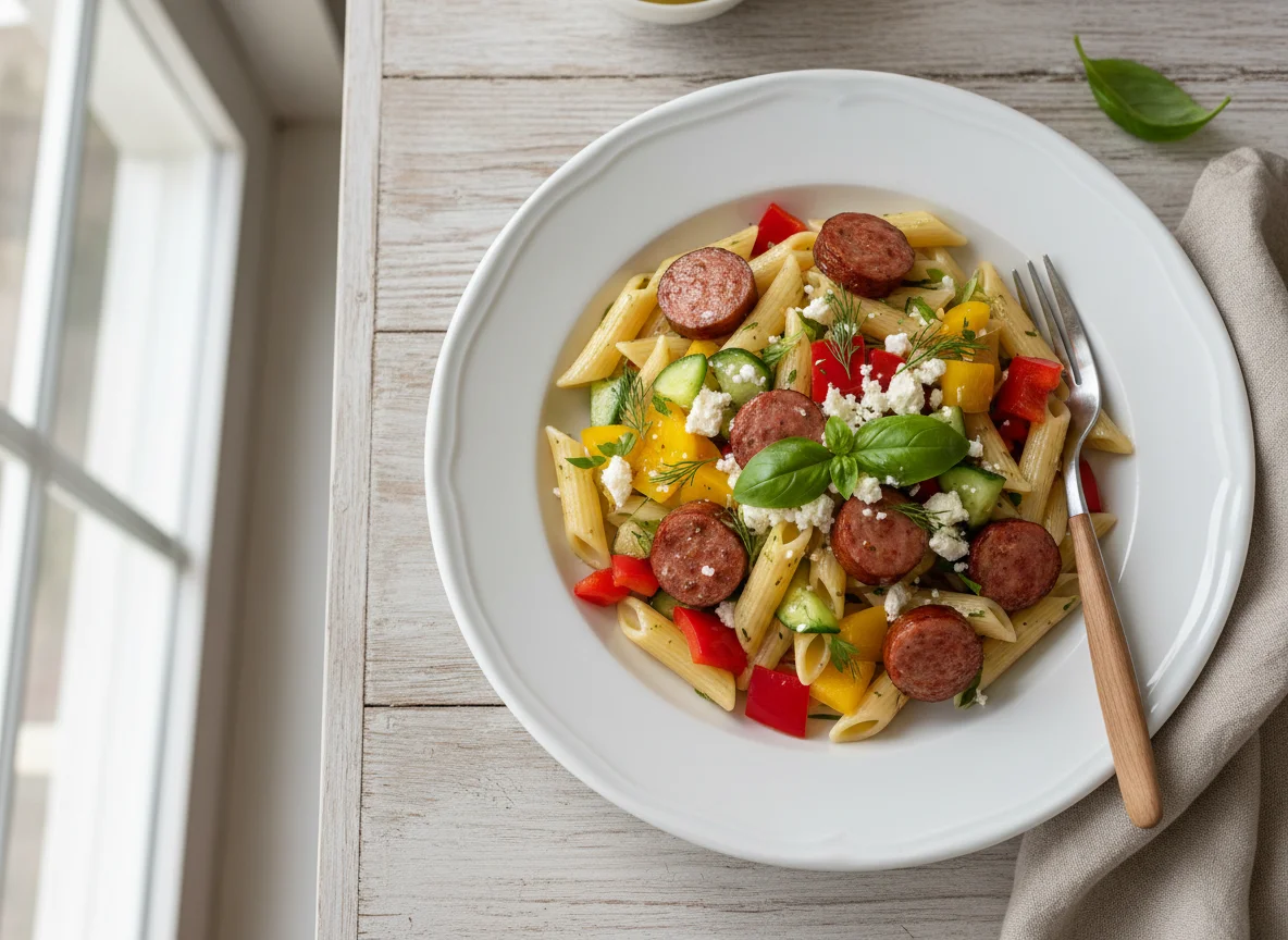 Sausage with pasta and vegetable salad photo