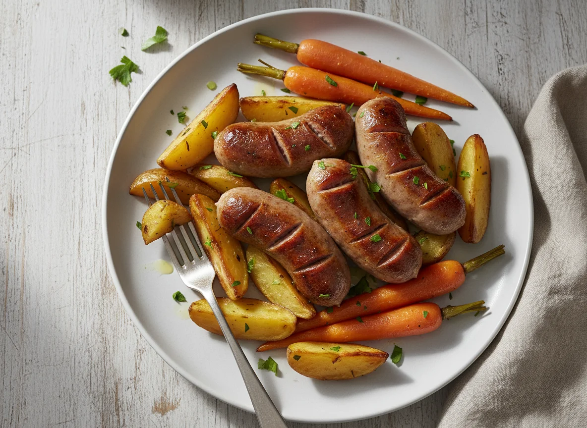Sausage with Roasted Potatoes and Carrots photo