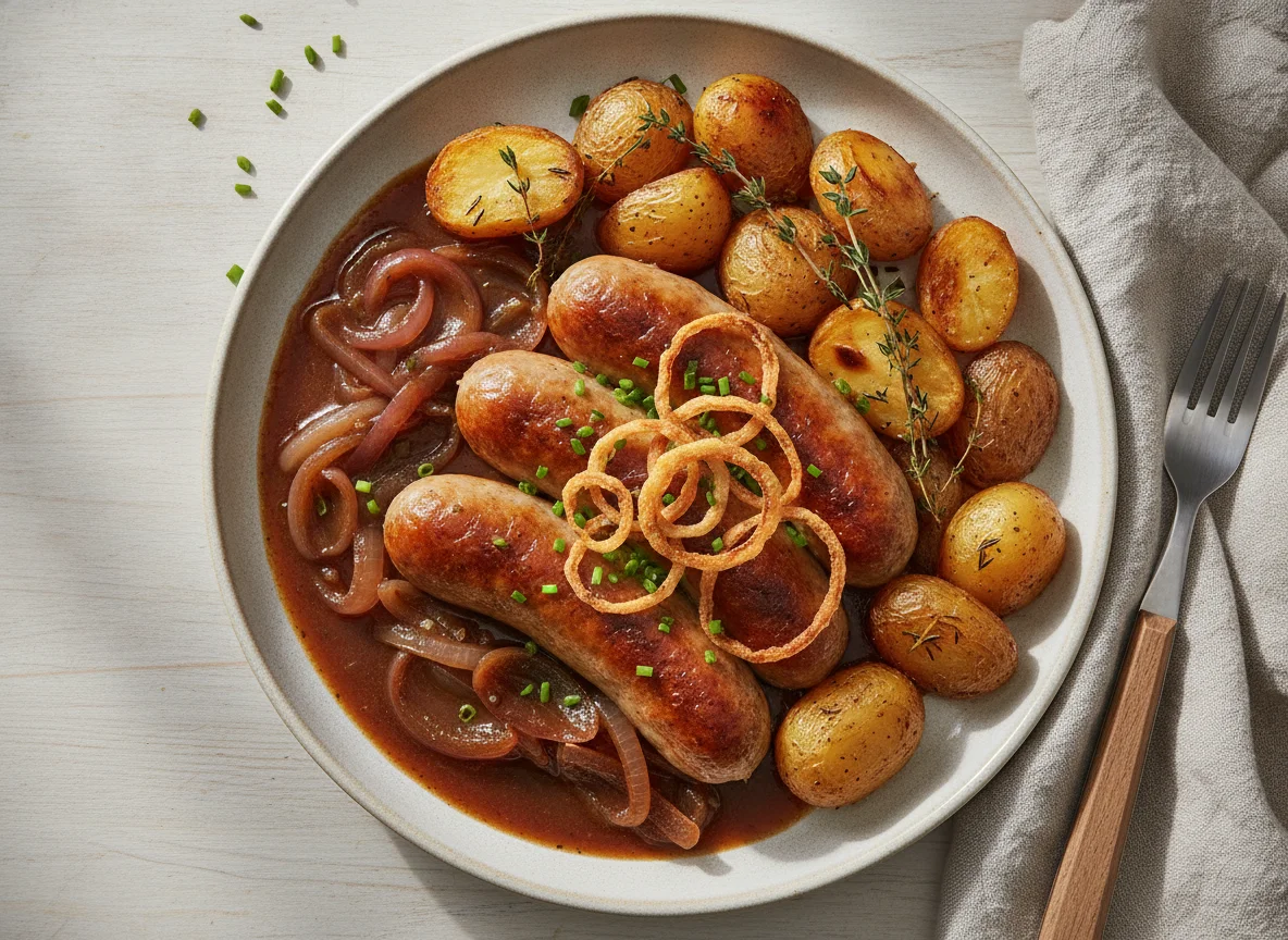 Sausage with roasted potatoes and onion gravy photo
