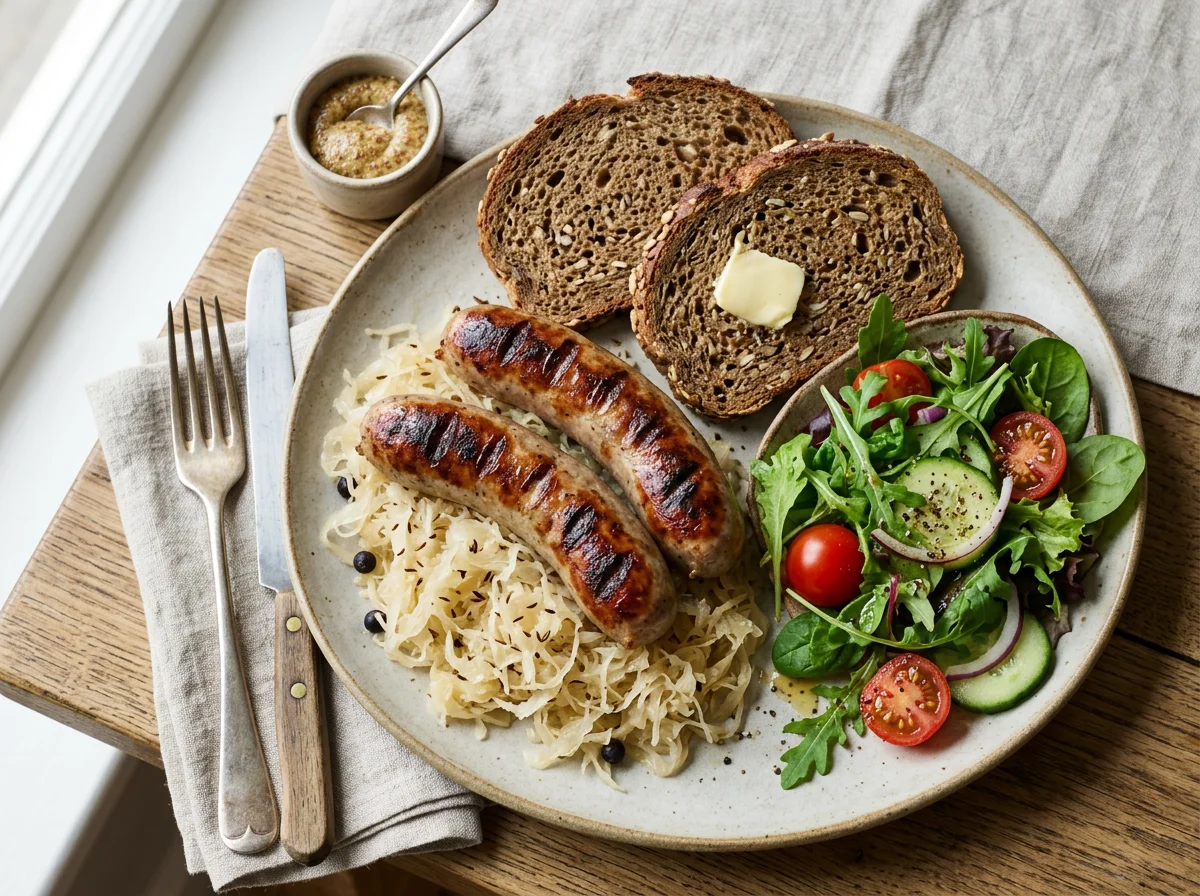 Sausage with Sauerkraut, Bread, and Salad photo