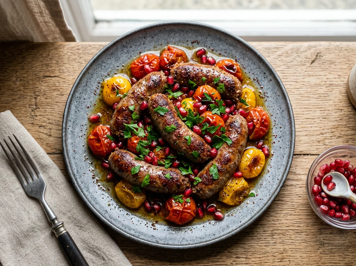 Sausage with Tomatoes and Pomegranate photo