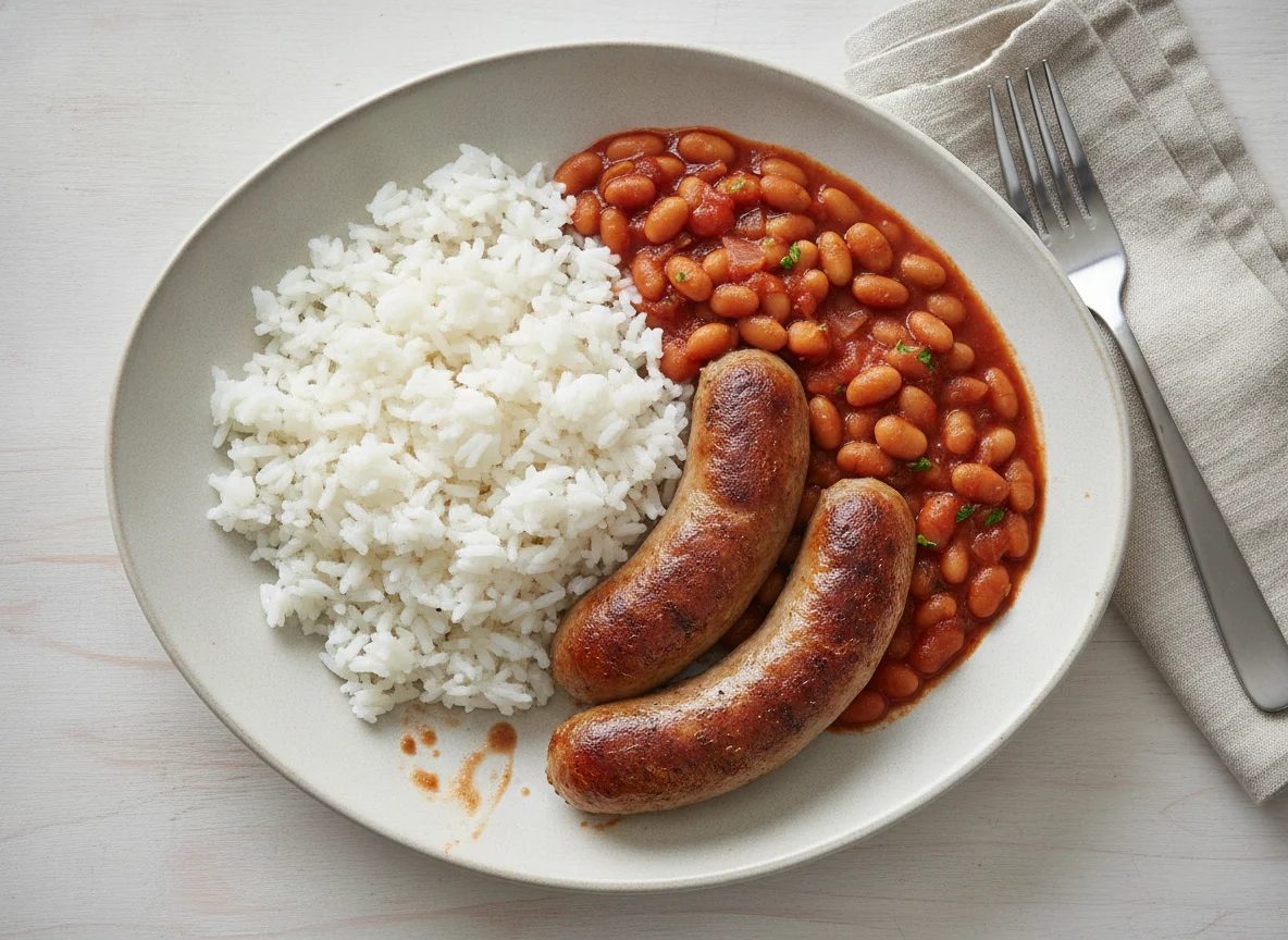 Sausages and baked beans with white rice photo