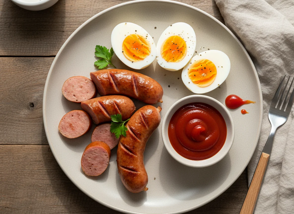 Sausages and Boiled Eggs with Ketchup photo