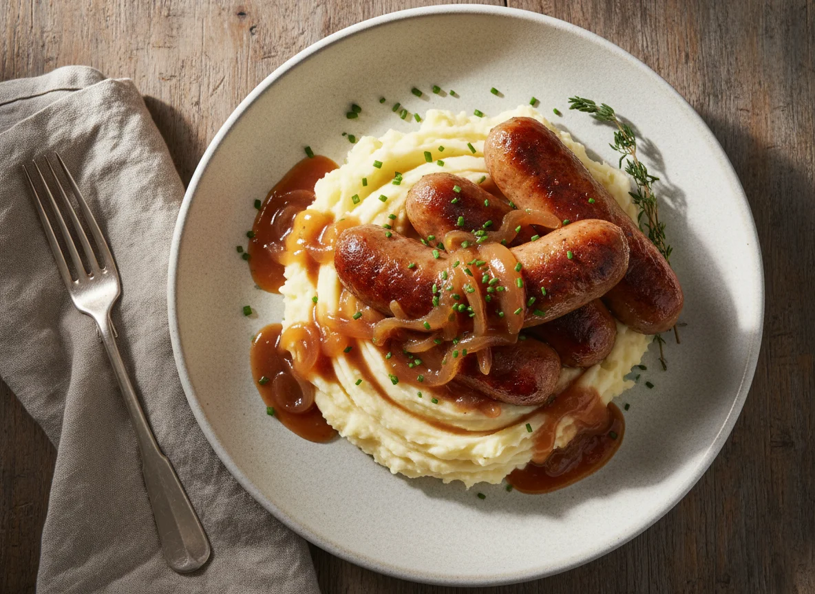 Sausages and Mash with Onion Gravy photo