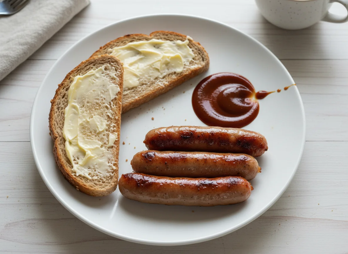Sausages and Toast with Butter and Brown Sauce photo