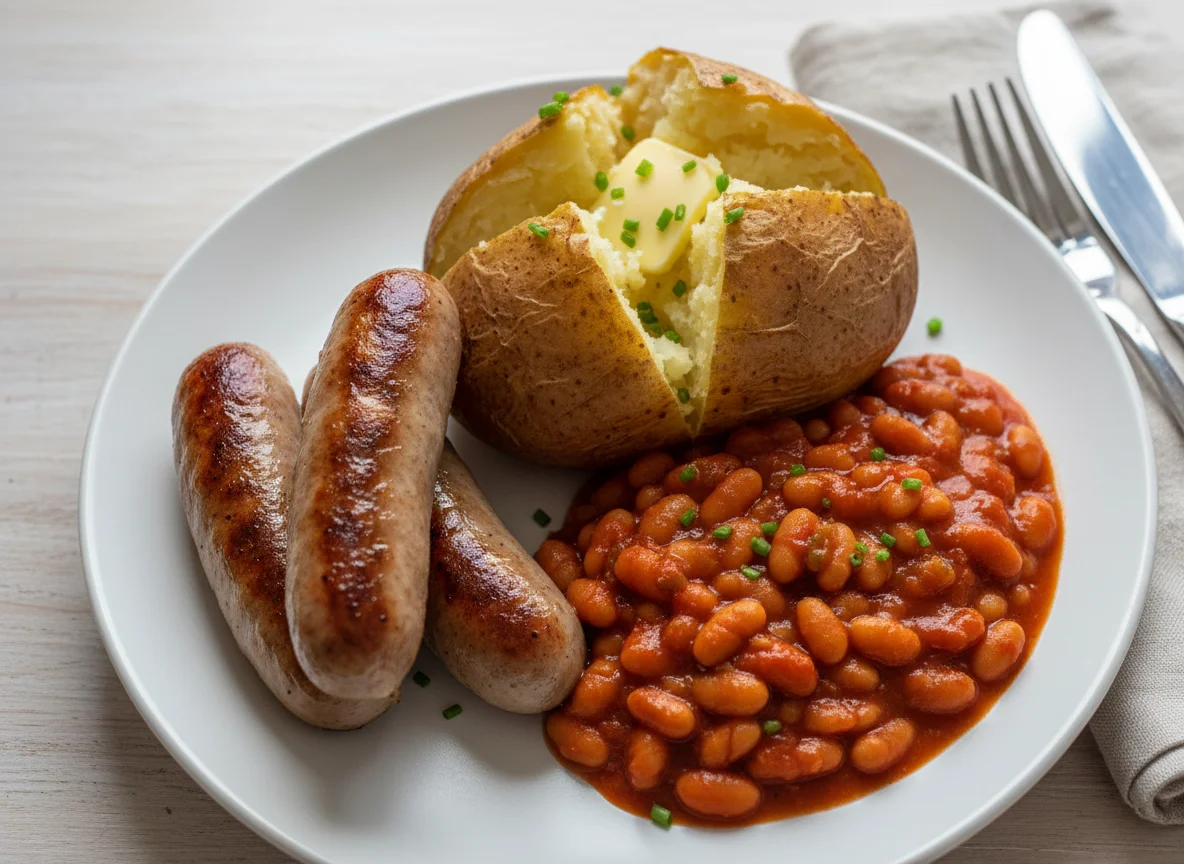 Sausages, Baked Beans and Jacket Potato photo