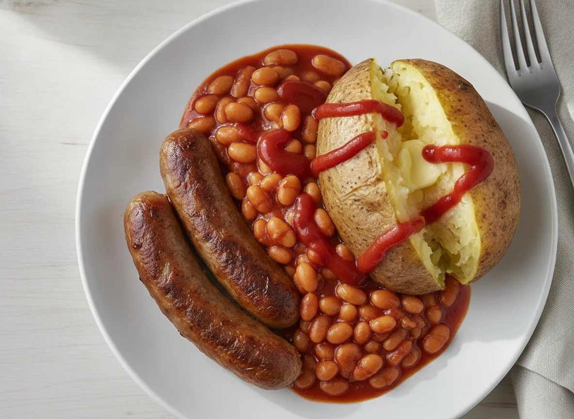 Sausages, baked beans, and jacket potato photo