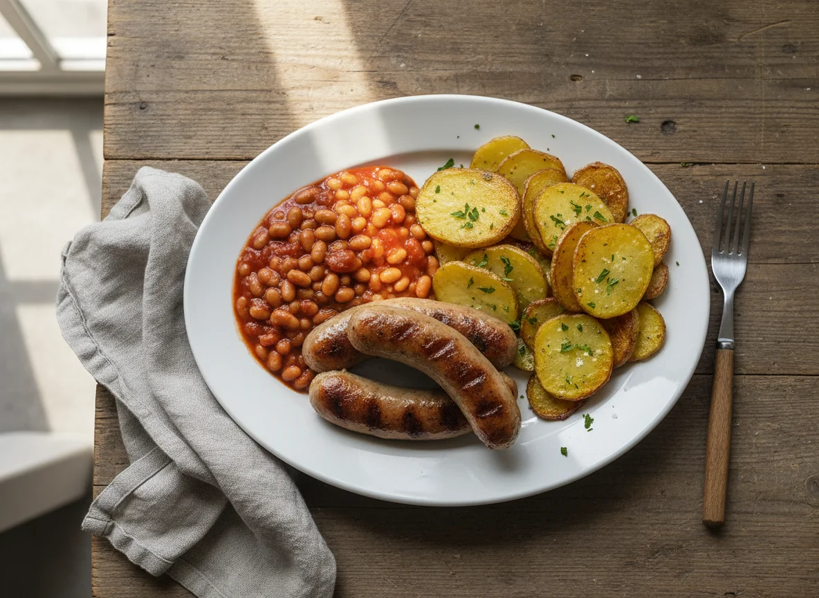 Sausages, Baked Beans and Potato Slices photo