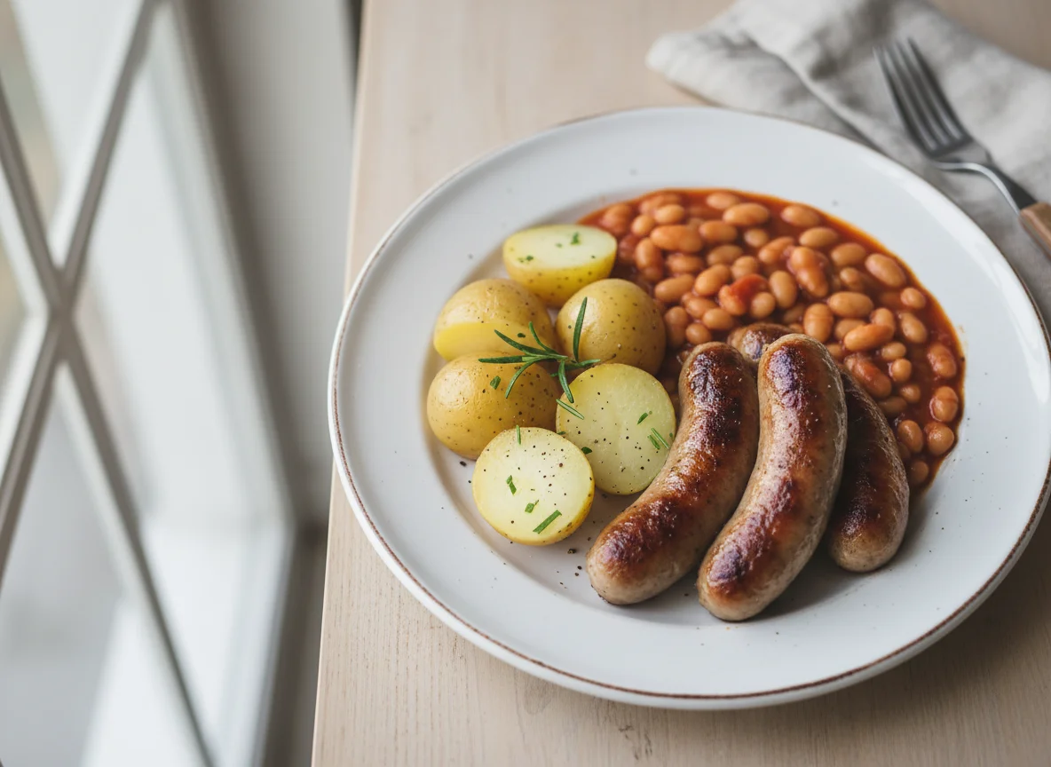 Sausages, Baked Beans and Potatoes photo