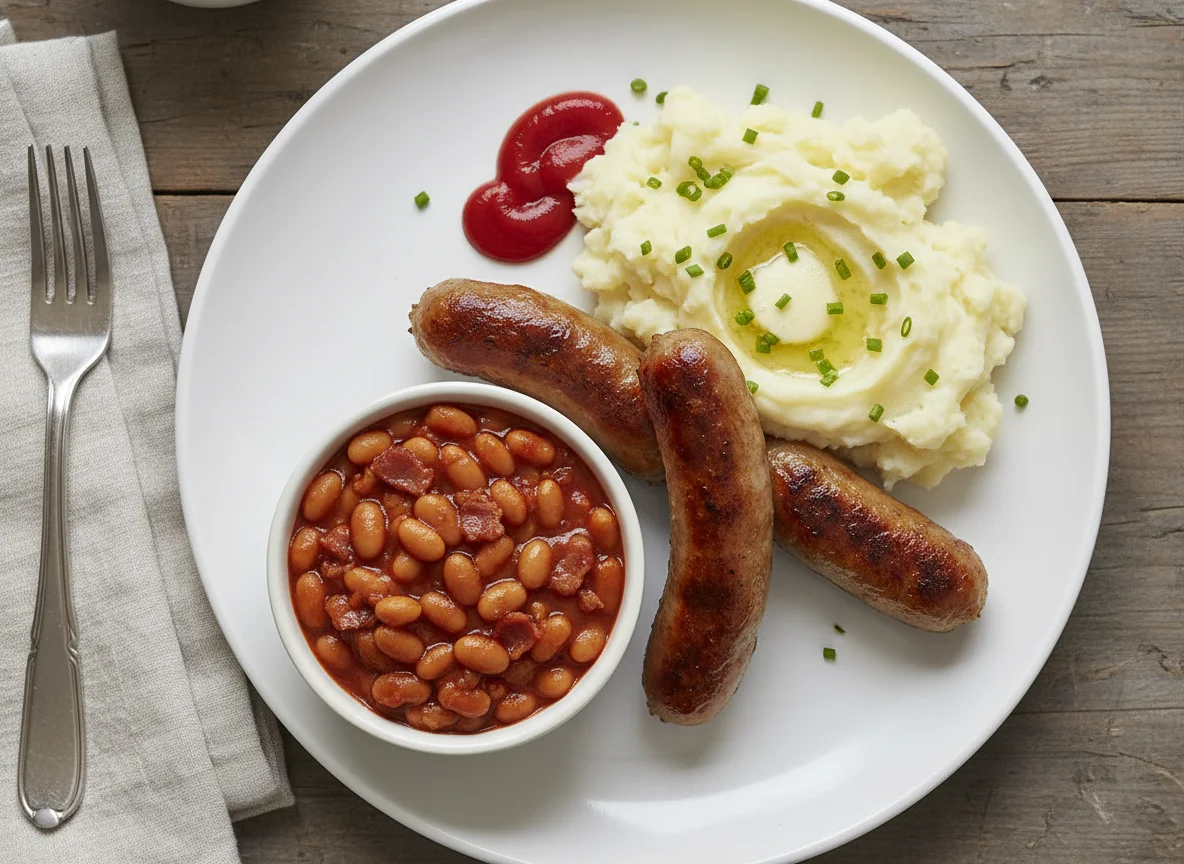Sausages, Mashed Potatoes and Baked Beans photo