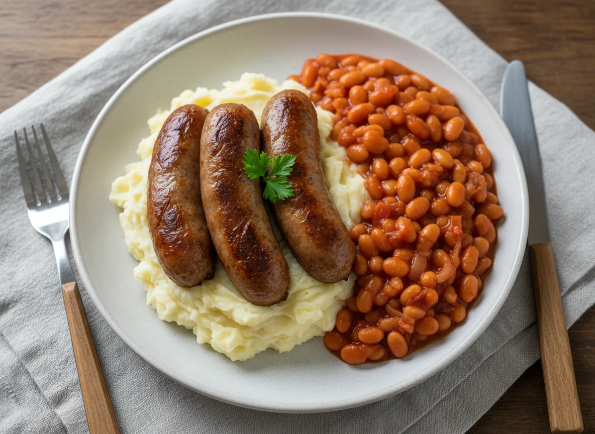 Sausages, Mashed Potatoes, and Baked Beans photo