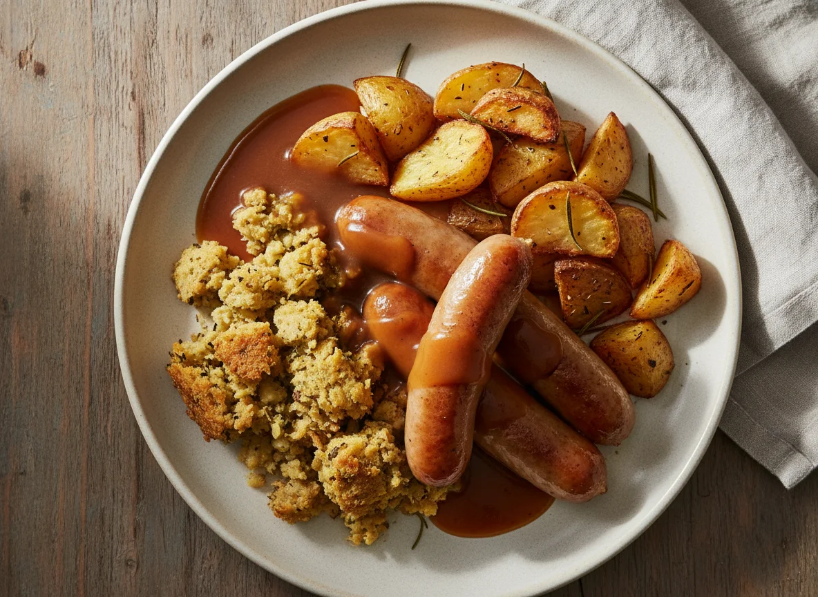 Sausages, Roast Potatoes, Stuffing and Gravy photo