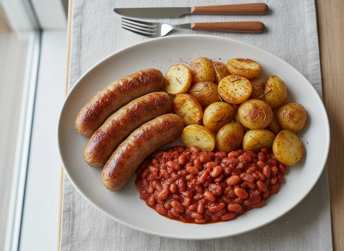 Sausages, Roasted Potatoes and Baked Beans photo