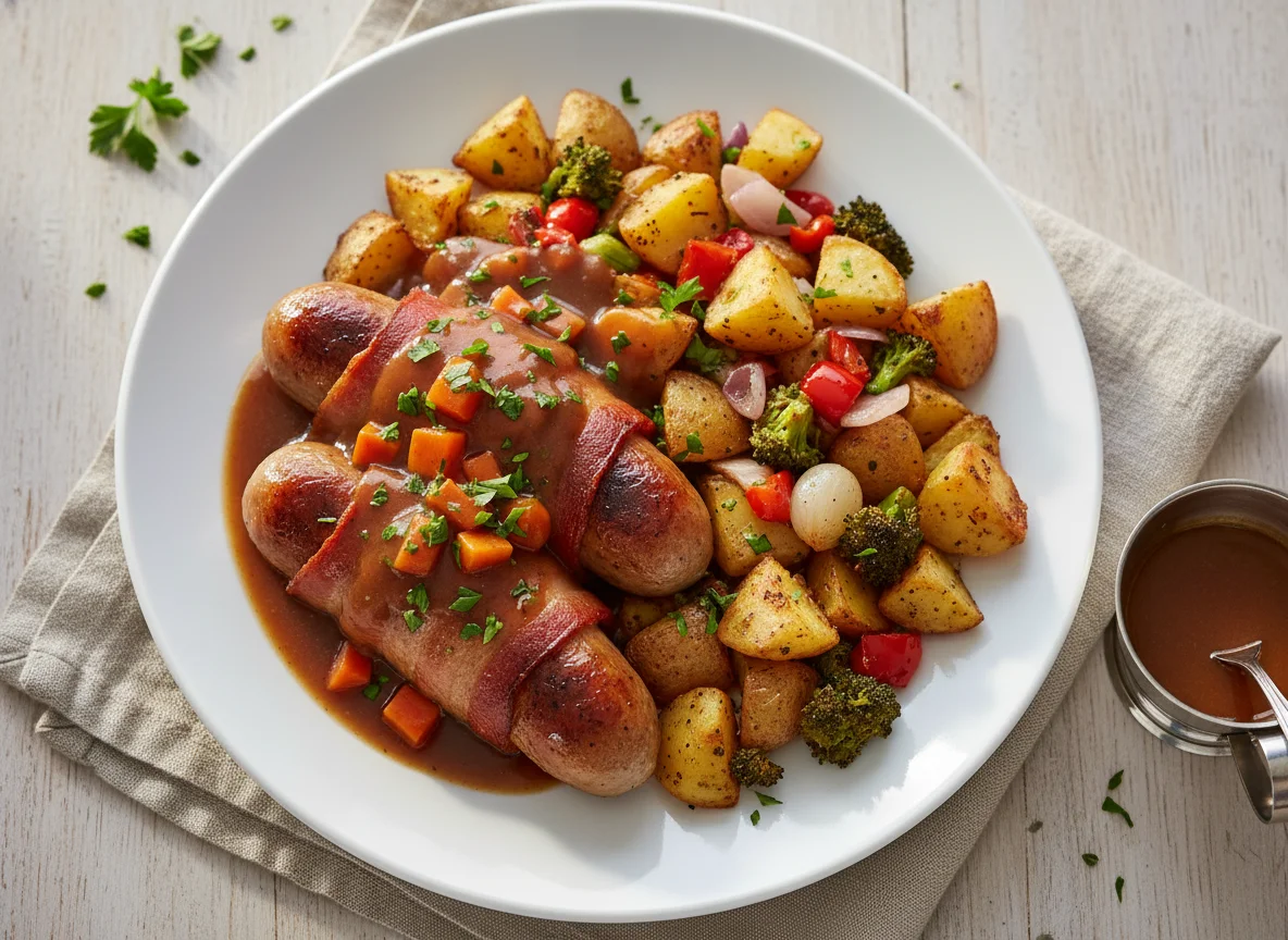 Sausages with Bacon, Gravy and Roasted Potatoes photo