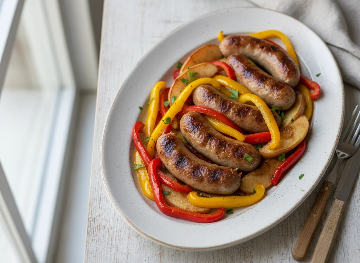 Sausages with Bell Peppers and Apple Slices photo