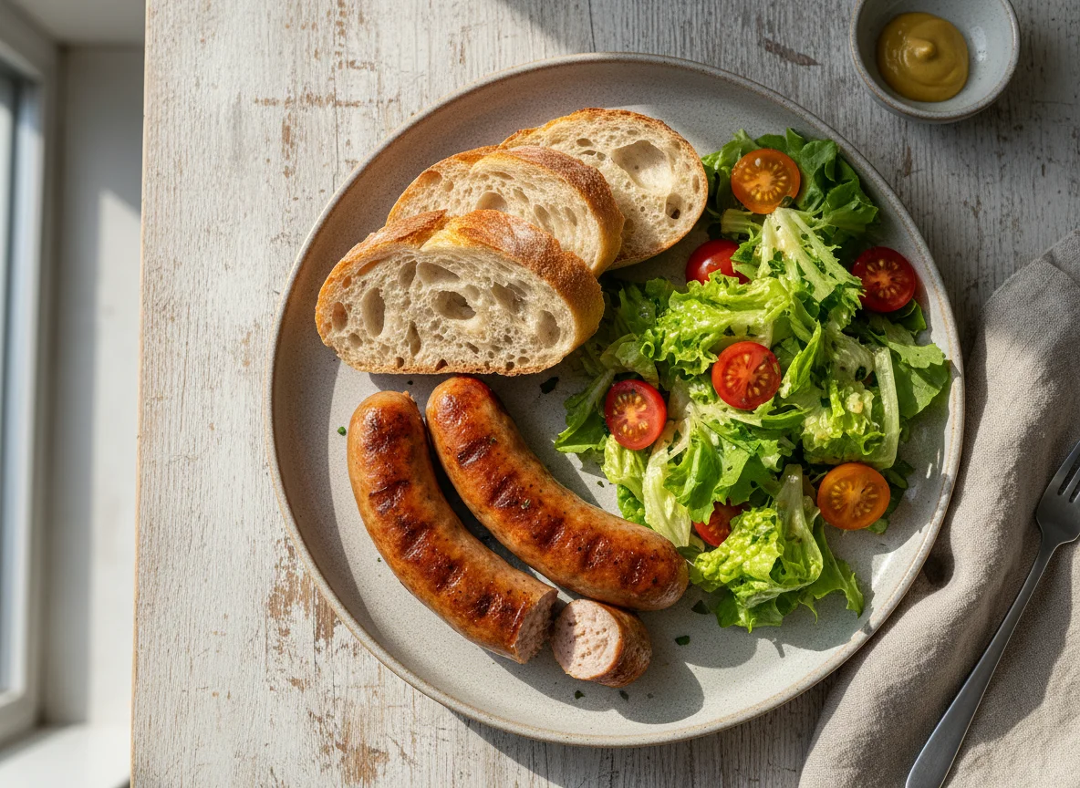 Sausages with Bread and Salad photo