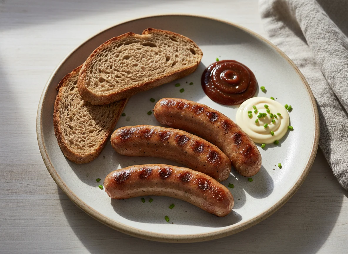 Sausages with bread and sauce photo