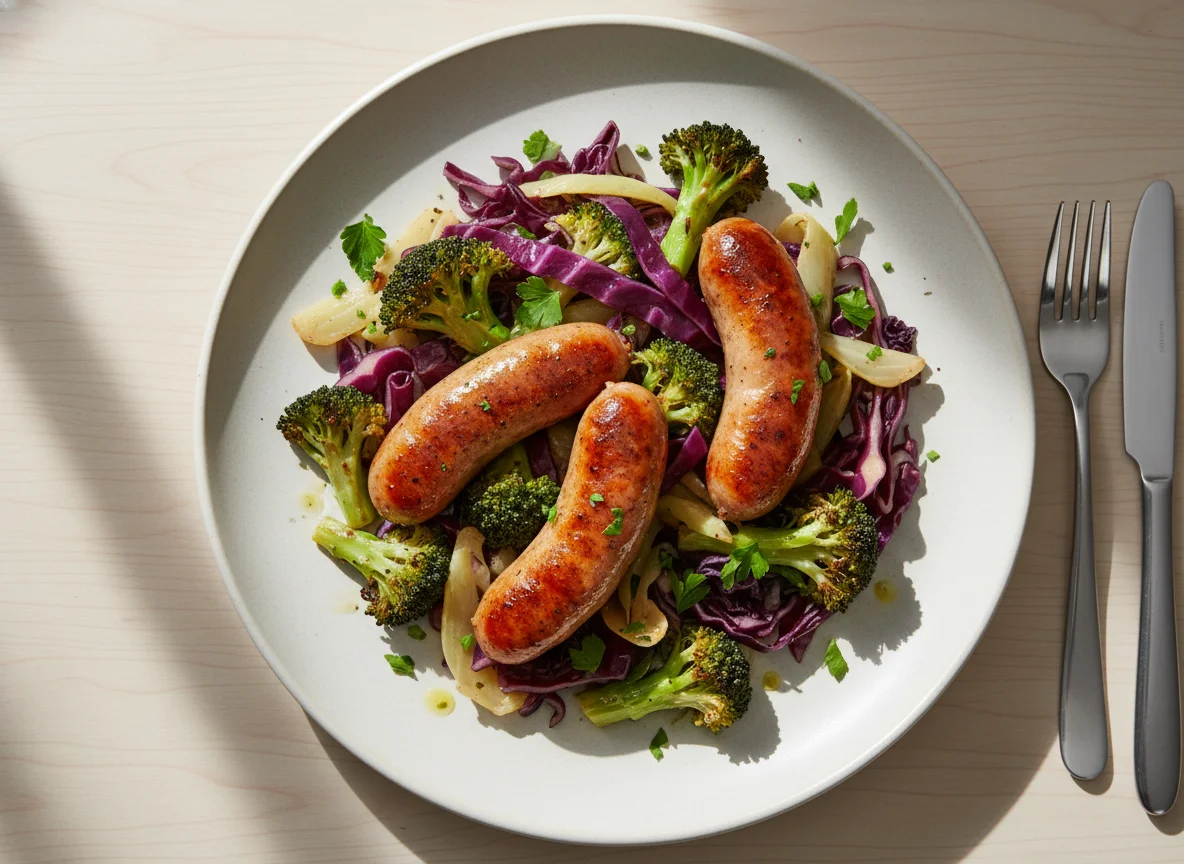 Sausages with Broccoli and Cabbage photo