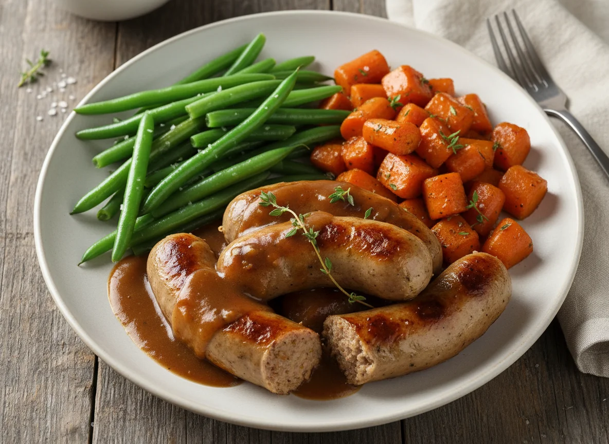 Sausages with gravy, green beans and carrots photo