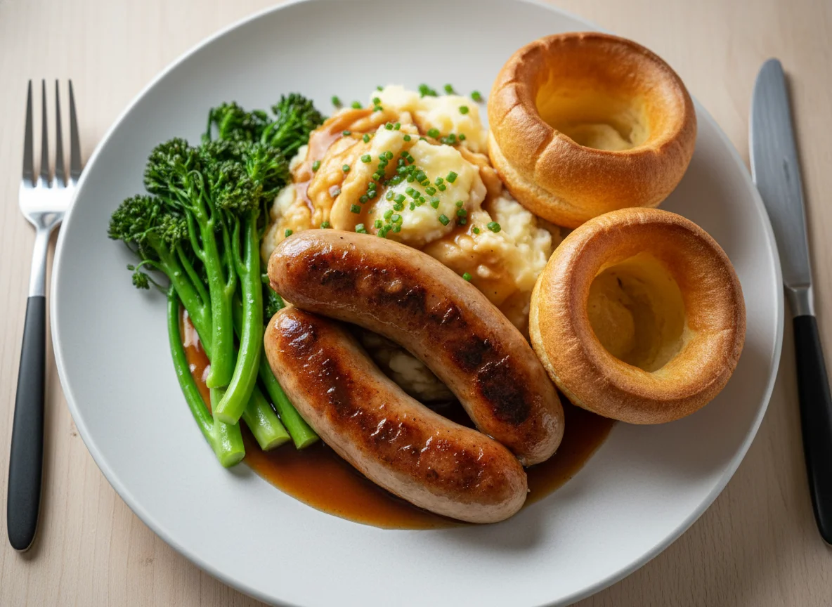 Sausages with mashed potato, broccolini and Yorkshire pudding photo