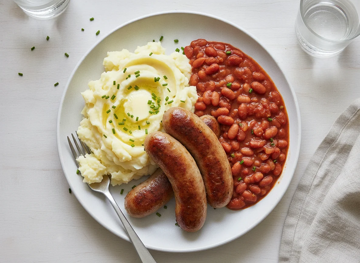 Sausages with mashed potatoes and baked beans photo