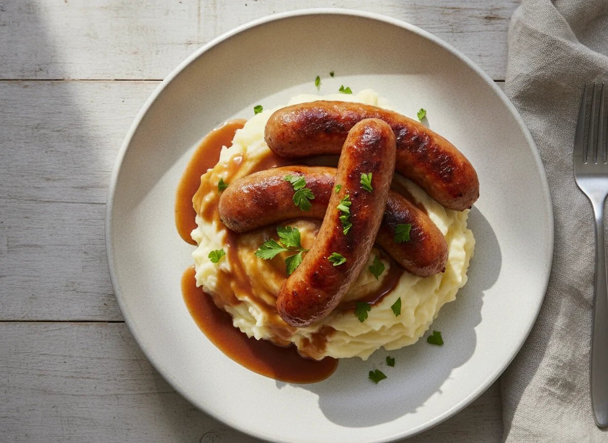 Sausages with mashed potatoes and brown sauce photo
