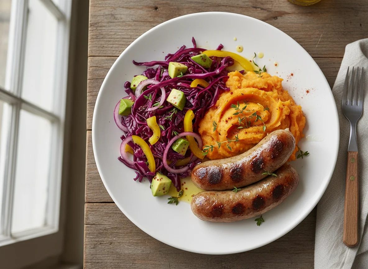 Sausages with Mashed Potatoes and Cabbage Salad photo