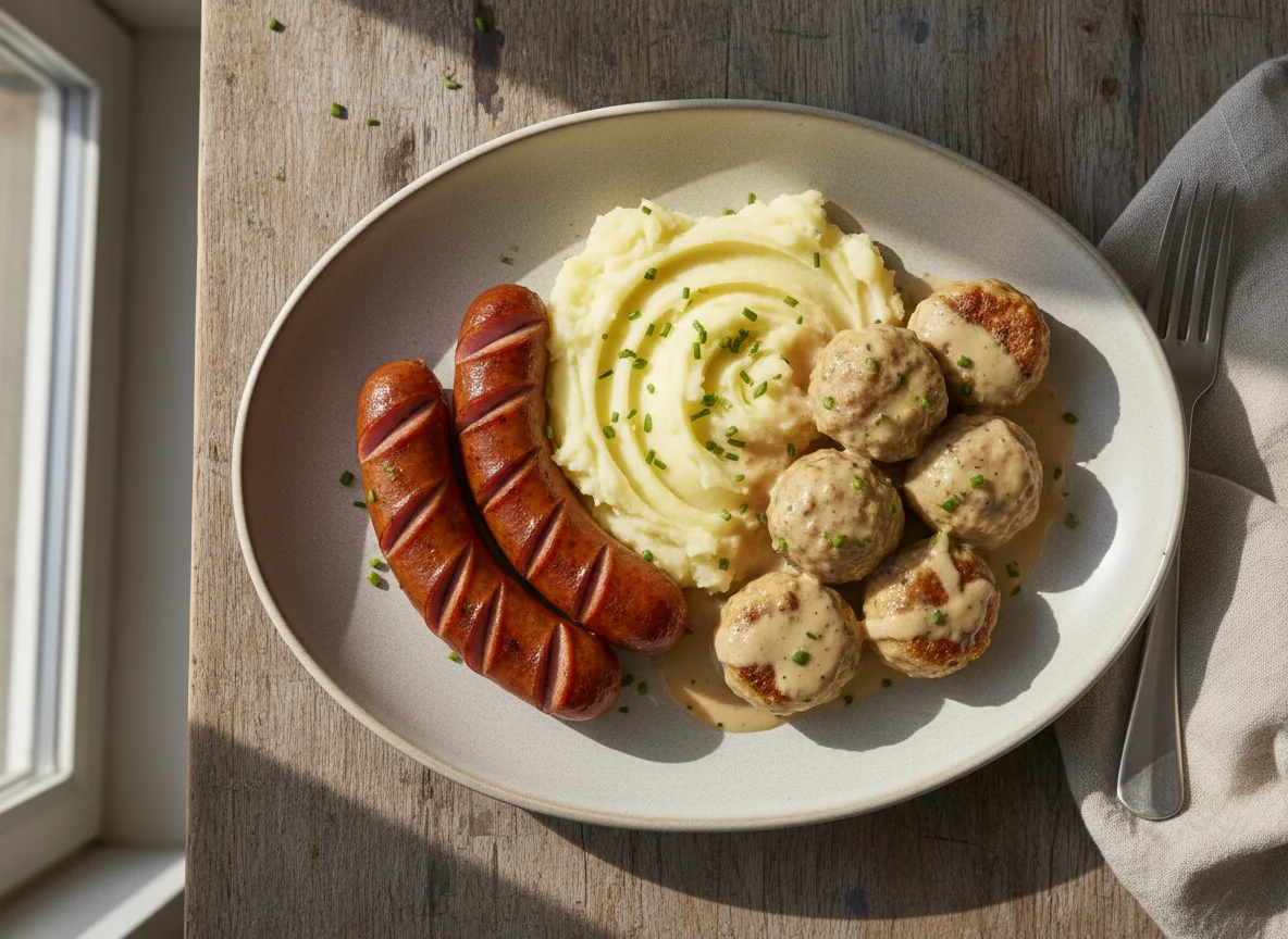 Sausages with mashed potatoes and meatballs in sauce photo