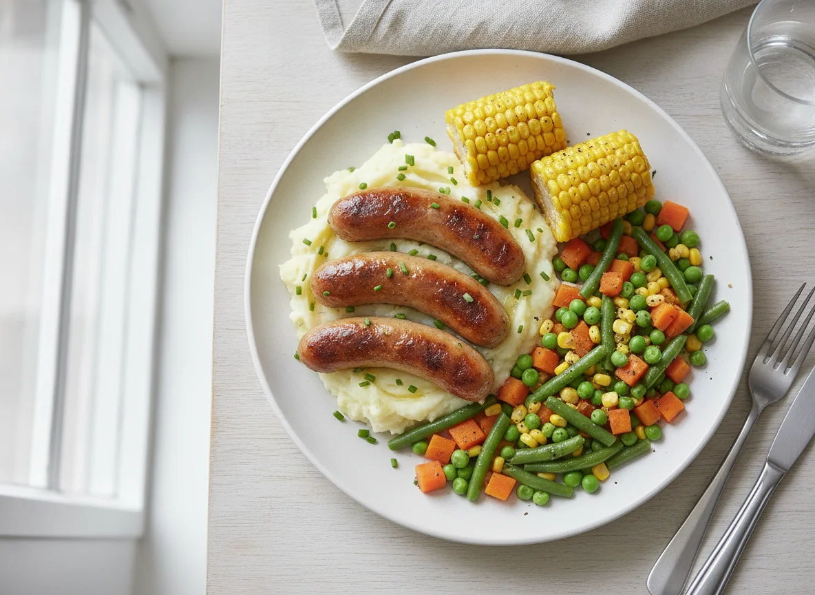 Sausages with Mashed Potatoes and Mixed Vegetables photo