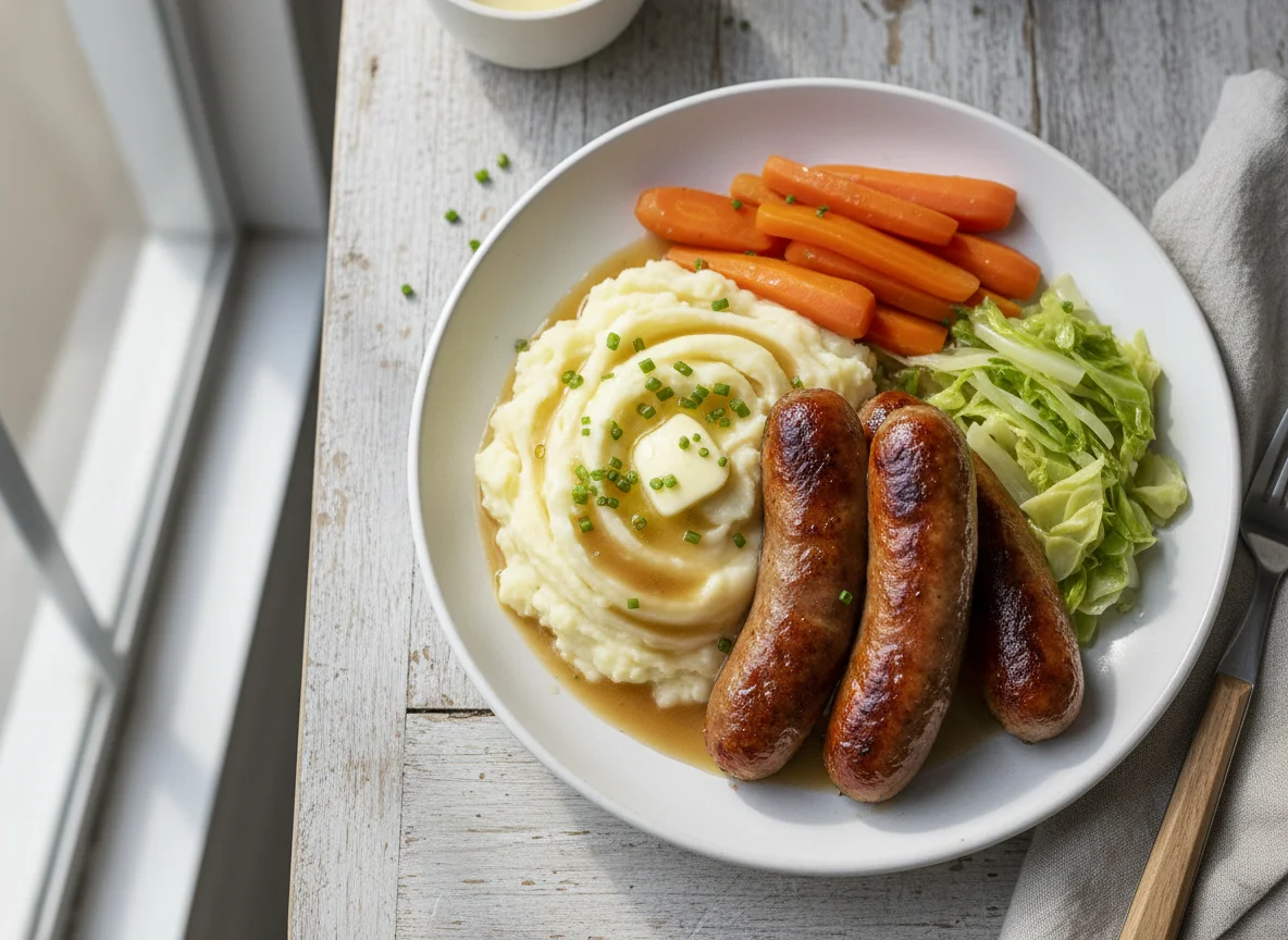 Sausages with Mashed Potatoes and Vegetables photo
