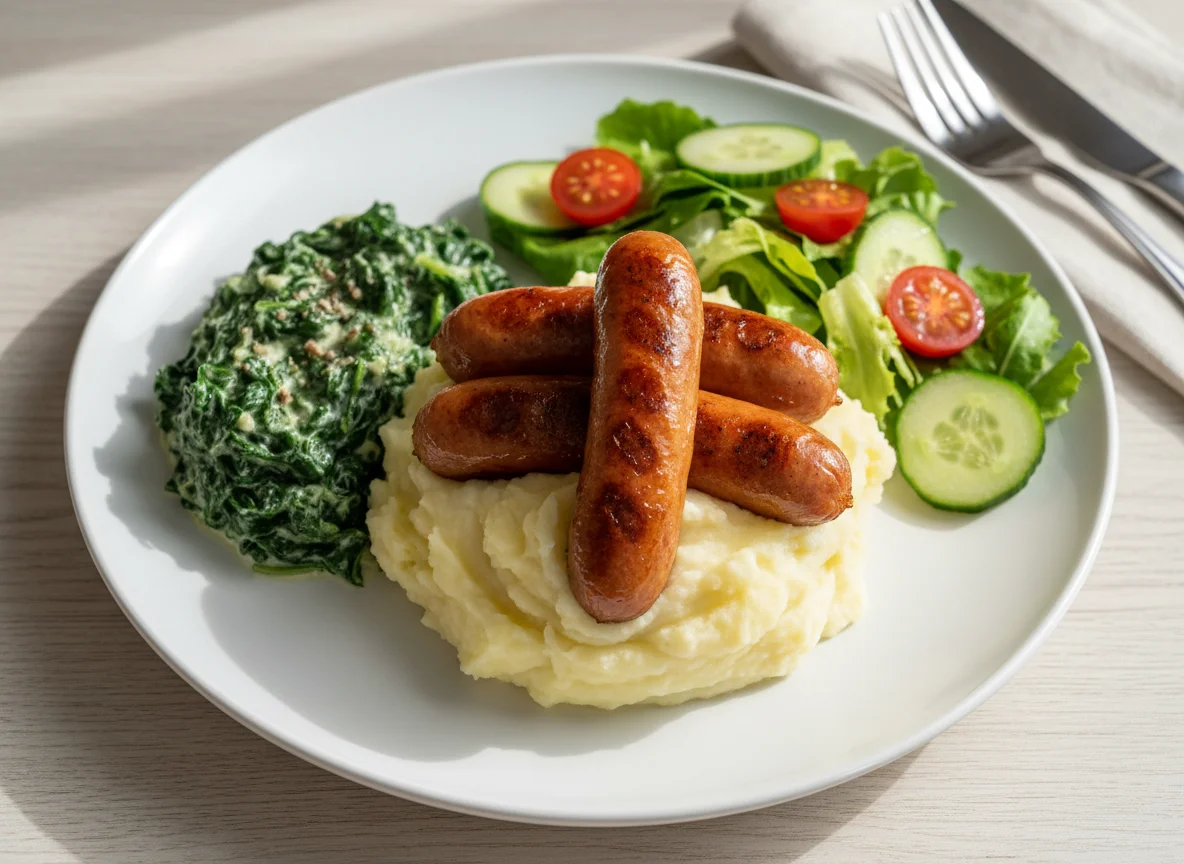 Sausages with mashed potatoes, creamed spinach and green salad photo