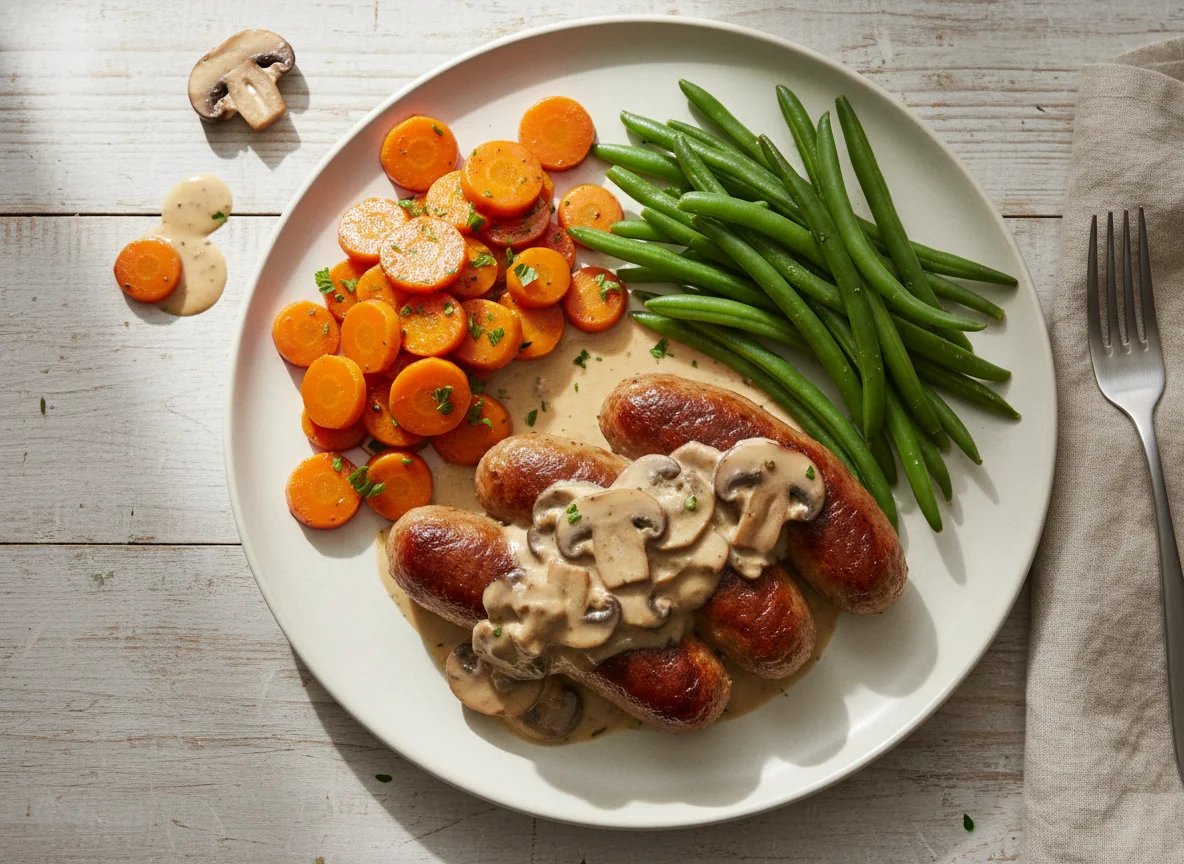 Sausages with Mushroom Sauce, Carrots and Green Beans photo