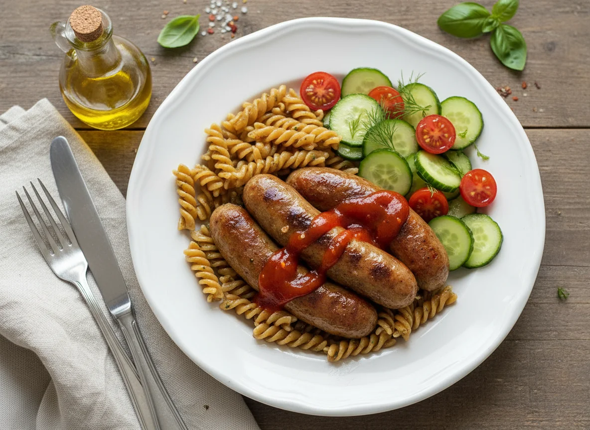 Sausages with pasta and cucumber-tomato salad photo
