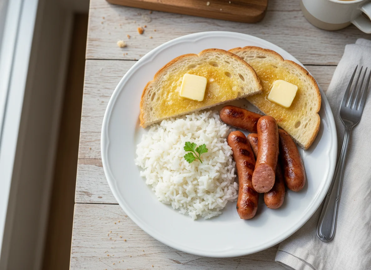 Sausages with Rice and Buttered Toast photo