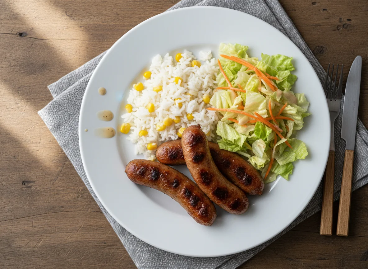 Sausages with Rice and Salad photo