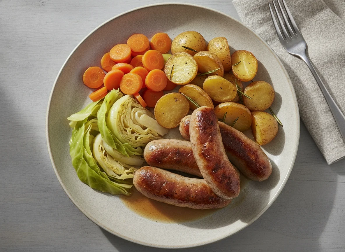 Sausages with roast potatoes and boiled vegetables photo