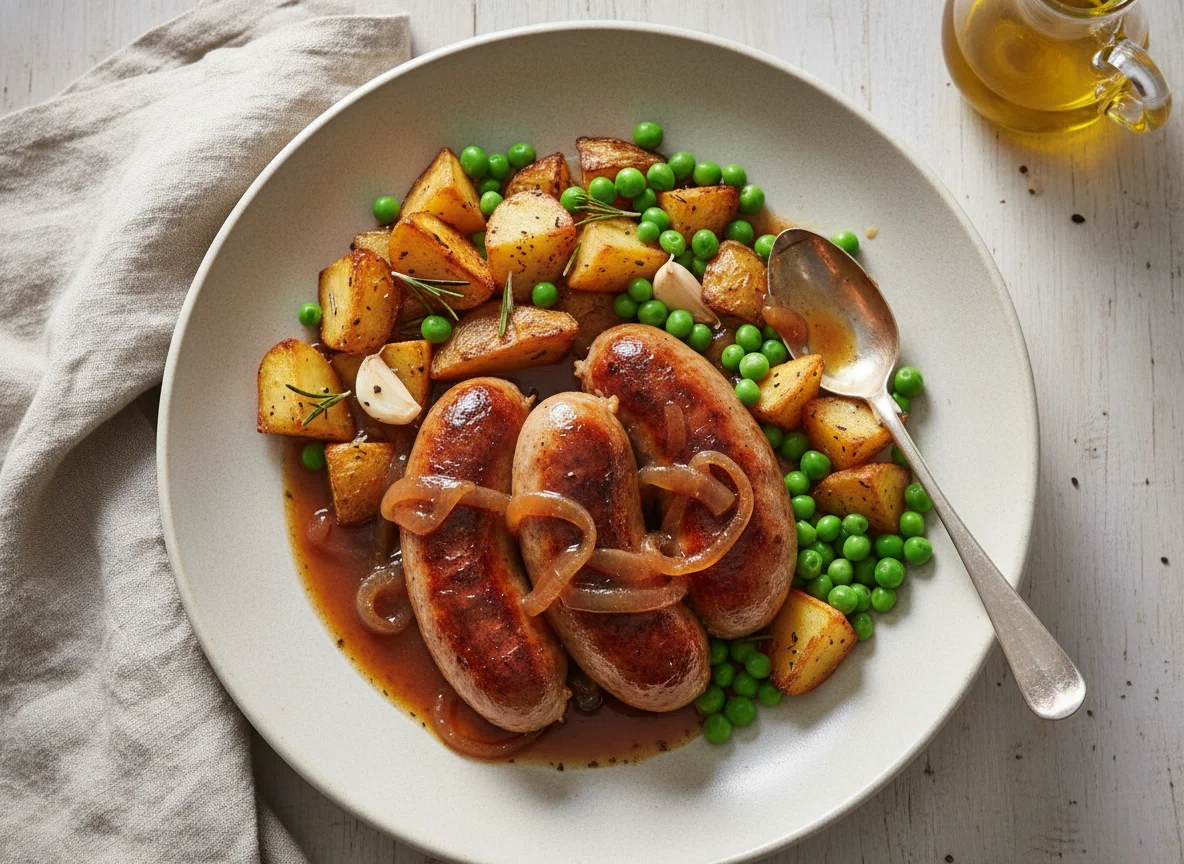 Sausages with Roasted Potatoes, Peas and Onion Gravy photo
