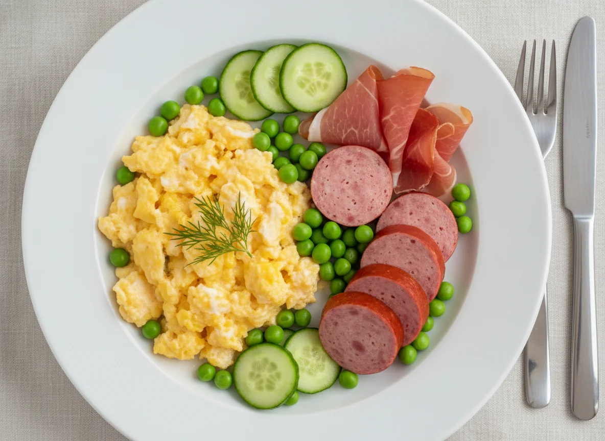 Sausages with scrambled eggs, peas, and cucumber photo