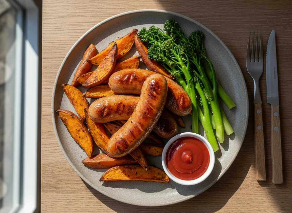 Sausages with Sweet Potato and Broccolini photo