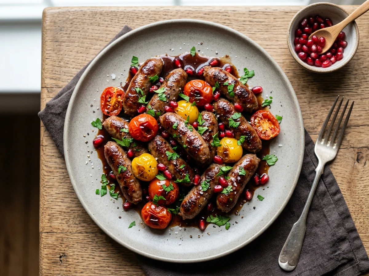 Sausages with Tomatoes and Pomegranate photo